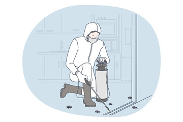 Working with disinfecting, job, profession concept. Man professional exterminator in white protective uniform and boots disinfecting apartment from cockroach and insects. Job specialist, work