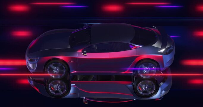 High Speed Luxury Electric Car Speeding On Motorway. Light Trails Around. Technology And Industry Related 3D Animation
