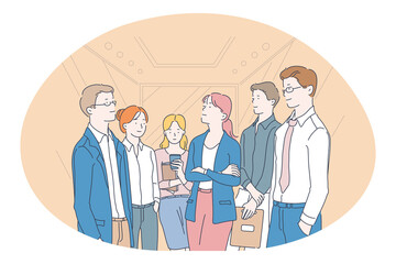 Teamwork, negotiations, business communication concept. Young smiling business people office workers partners cartoon characters standing together in one room before negotiations and meeting 