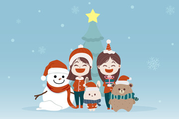 Character Cartoon Cute Christmas Day , Merry christmas happy new year festival , santa children and animal , christmas tree snowflake rabbit bear , invitation card vector illustration