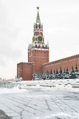 Spassky Tower of the Moscow Kremlin in winter.