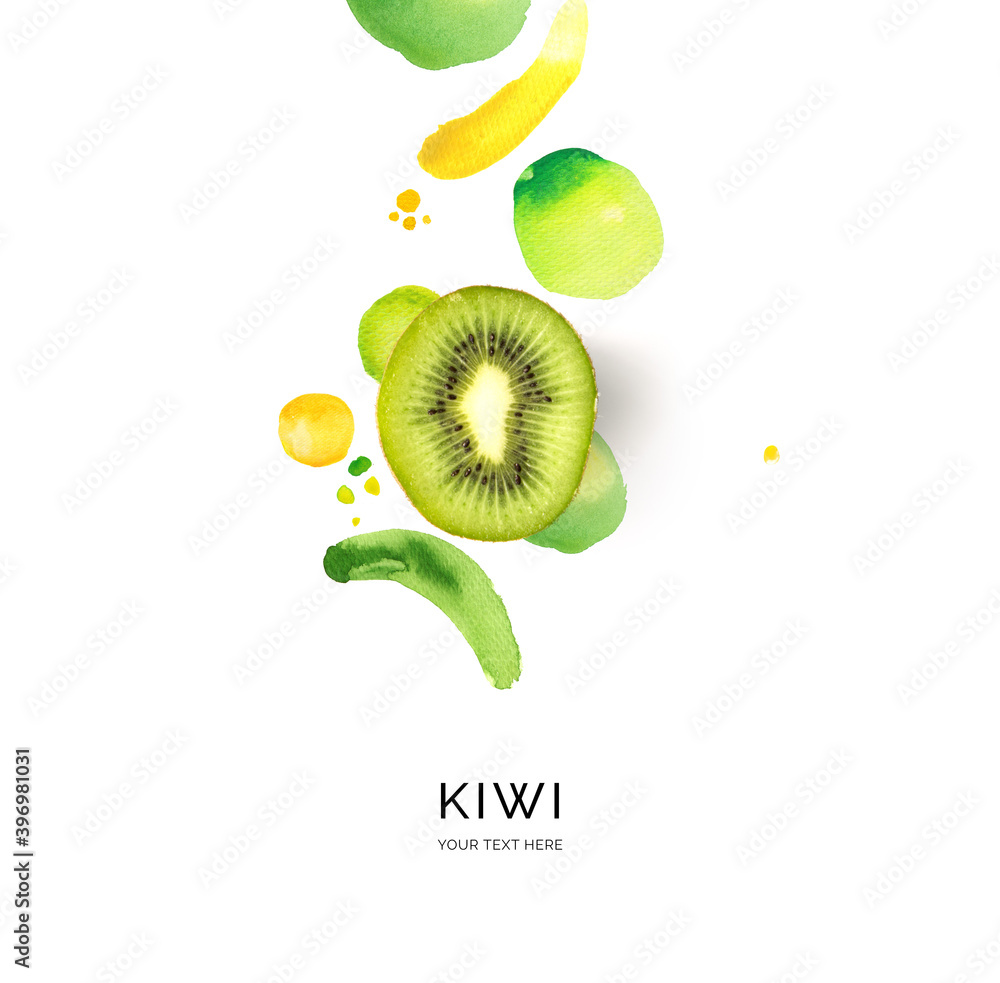 Wall mural creative layout made of kiwi with watercolor spots on the white background. flat lay. food concept.