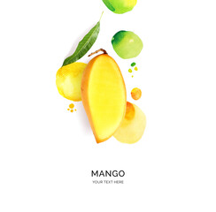 Creative layout made of mango with watercolor spots on the white background. Flat lay. Food concept.