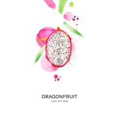 Creative layout made of dragonfruit with watercolor spots on the white background. Flat lay. Food concept.