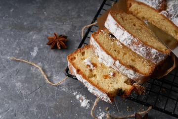 Homemade English sponge cake, cake served on grey background