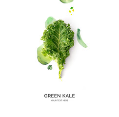 Creative layout made of green kale with watercolor spots on the white background. Flat lay. Food...