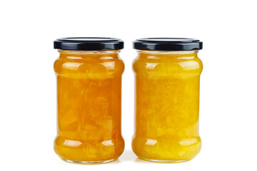 Glass jars with peach and maules quince (Chaenomeles japonica) jam on white background