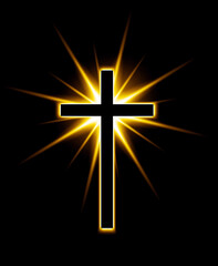 Religioush cross with sun rays  shine on the dark  background,illustration.