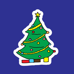 Cute Christmas tree with toys and gifts, doodle style positive illustration. Happy new year decoration, winter holiday print. Hand drawn vector illustration. Cartoon colorful design for children