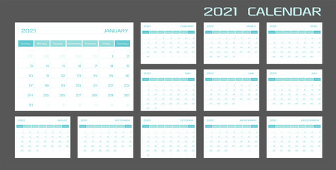 2021 calendar planner diary template in a minimalist style. 12 months 2021 pages. Week starts on sunday.
