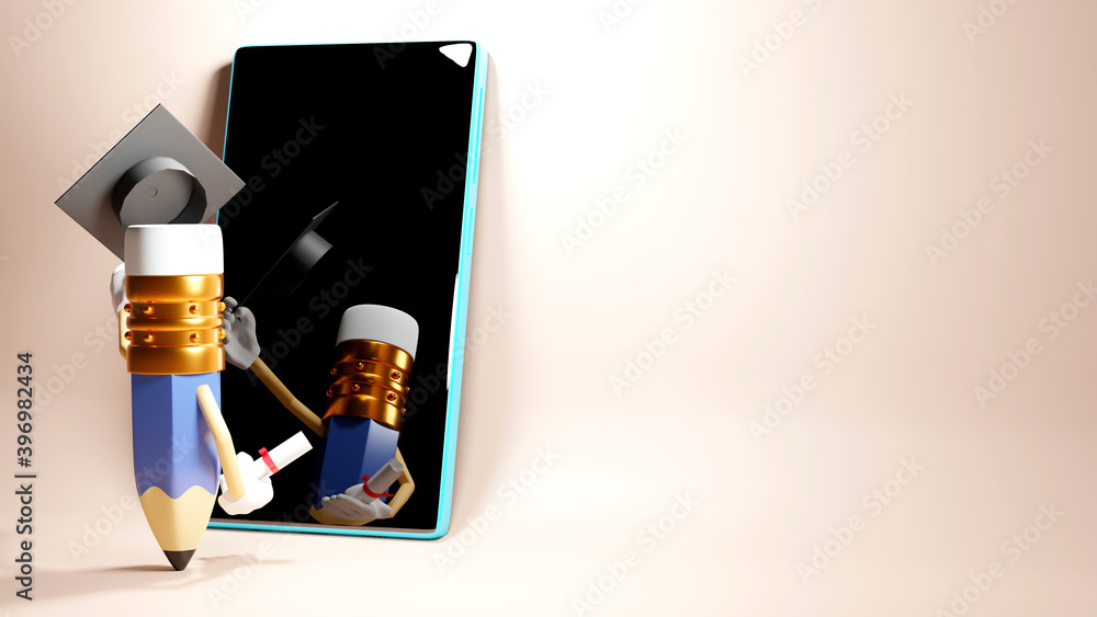 Aufkleber 3d rendering of graduation pencil and mobil that has blank for input text on blue background. realis
