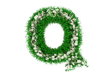 Letter Q of Green Grass And Flowers. 3d rendering