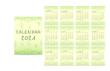 2021 year wall annual calendar template set of 12 months pages ready for print. Week Starts on Sunday