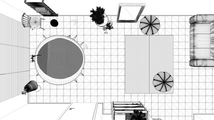 Blueprint project draft, cosy wooden peaceful bathroom, big bathtub, ceramic tiles floor, carpet and poufs, shelves, spa, hotel suite, modern interior design, top view, plan, above