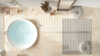 Obraz premium Cosy wooden peaceful bathroom in beige tones, big bathtub, ceramic tiles floor, carpet with sofa, round poufs, mirror, spa, hotel suite, modern interior design, top view, plan, above