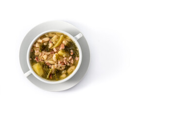 Creamy Tuscan soup in bowl isolated on white background. Top view. Copy space