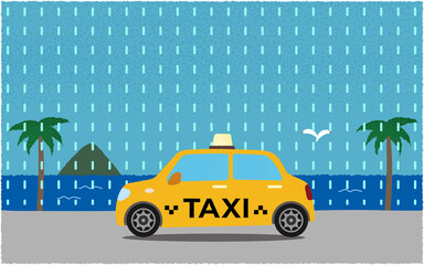 雨の中、海沿いの道を進む黄色いタクシーのベクターイラスト
