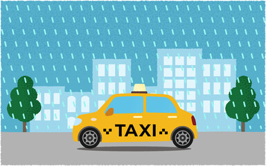 豪雨の中、都市の道路を進む黄色いタクシーのベクターイラスト