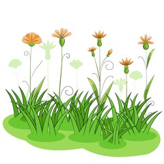 Blooming meadow with grass and flowers. Cartoon just style. Isolated on white background. Romantic fabulous illustration. Vector