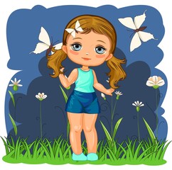 Obraz na płótnie Canvas A cute little girl in shorts and a T-shirt. Cheerful funny child in a good mood. The isolated object on a white background. Young baby. Cartoon flat style. Butterflies. Vector