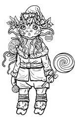 Cartoon isolated character in full growth, fairytale cute baby bull In a new years costume of Santa Claus, with horns, hooves and long ears, in cap with beard, with christmas toys, candy and orange.