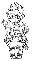 Cartoon isolated  character in full growth, fairytale little christmas girl with long hair and smile, with cap on his head, in dress and high socks, with candy, gingerbread and Christmas toy in hand.