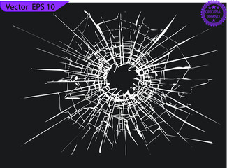 Fototapeta premium Broken glass, cracks, bullet marks on glass. High resolution. Texture glass with black hole. cracked glass effect, cracked windows, cracked mirror or wall. cracked glass effect, broken glass, cracked