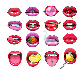 Fototapeta na wymiar Sexy woman mouth set. Red sexy girls lips stickers expressing emotions smile, kiss, discontent, modesty, show tongue. Sexy sensual, provocative lips with pepper, lemon, strawberry in the teeth