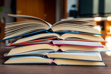 Books open, put on top of each other.