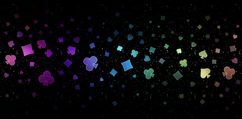 Colorful poker abstract bokeh pattern on a black background.