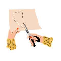 Vector illustration of female hands cutting fabric or paper with scissors. Seamstress hands in a flat design. Creative hobby. Isolated