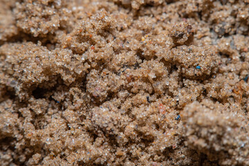 A background with a close-up of wet sand under high magnification in soft focus. Sand grains under a microscope.