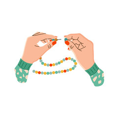 Vector illustration of women's hands with beads and stringing on a string. The manufacture of beads. Hands of a needlewoman in a flat design. Creative hobby. Isolated on a white background.