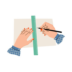 Vector illustration. Women's hands hold a ruler and pencil, draw on paper or fabric. Hands of a needlewoman in a flat pattern. Creative hobby. Isolated on a white background