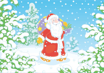 Santa Claus with his magic bag of holiday gifts walking in hurry through a snow-covered winter forest on a cold snowy day, vector cartoon illustration
