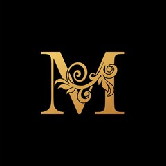 Golden Luxury Letter M logo icon, vintage design concept floral leave for luxuries business, hotel, wedding service and more brand identity.