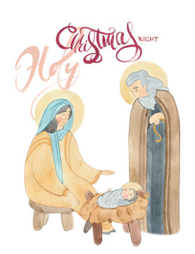 Watercolor Christian Christmas postcard with  Virgin Mary, baby Jesus Christ in a manger, Joseph. For holiday Christmas greetings, publications and decor.Contemporary Christian illustration