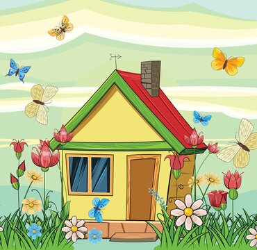 Old village house. Fabulous cartoon object. Cute childish style. Ancient dwelling. Tiny, small. Against the background of a landscape with butterflies. Vector