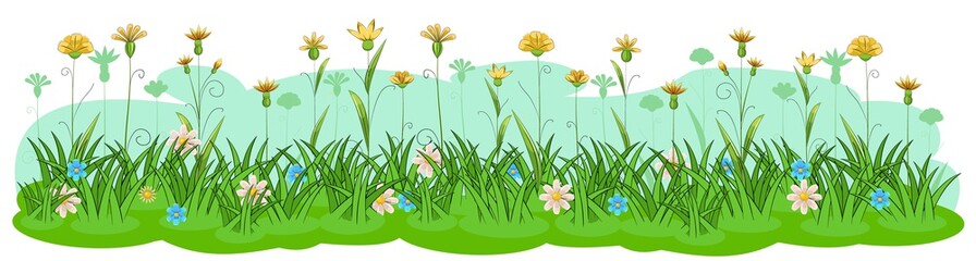 Obraz na płótnie Canvas Blooming meadow with grass and flowers. Sky. Cartoon just style. Isolated on white background. Romantic fabulous illustration. Vector