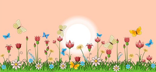 Blooming meadow with grass and flowers. Landscape with sky and sun. Cartoon style. Fabulous illustration. Background picture. Beautiful natural view. Wild plant nature. Rural scene. Vector