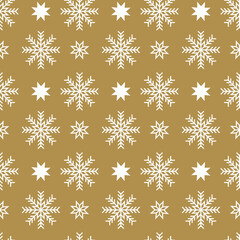 Vector seamless pattern with snowflakes and stars on a silver background. Winter holidays texture. Repeat design for decor, wallpapers, wrapping, website. Christmas background. Abstract geometric.
