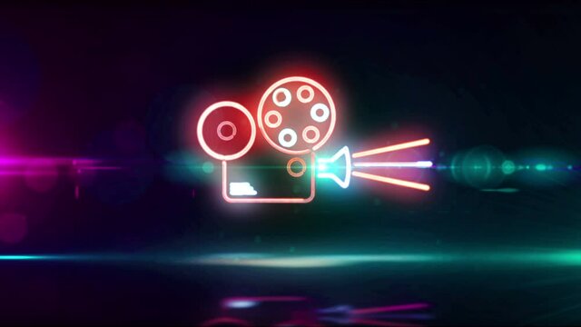 Cinema projector symbol, retro video or film camera neon sign and digital movie broadcasting icon loop concept. Futuristic abstract 3d rendering loopable and seamless animation.