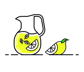 Lemonade glass and jug full of lemonade. Isolated vector illustration in simple line style.
