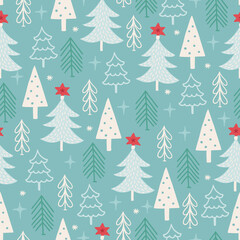 Christmas seamless pattern with fir trees, snowflakes, stars. Scandinavian style