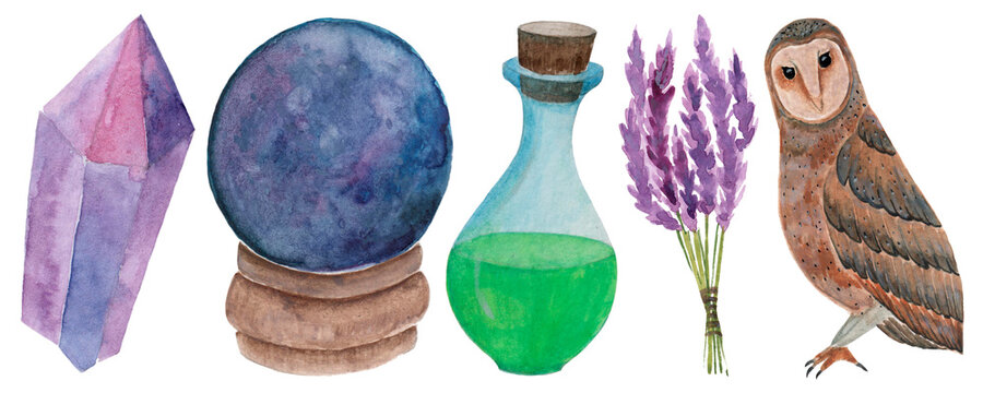 Witchcraft watercolor clipart. Isolated over white background. Ocultism. Crystal, fortune telling ball, potion in a bottle, lavender, owl.
