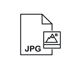 Download the JPG icon. The file is labeled JPG and the arrow sign is down. JPEG document type. Downloading document concept. Flat design vector icon
