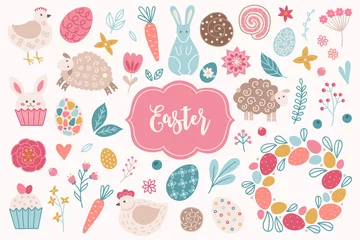 Fotobehang Naadloze herfst Easter design elements - hen, rabbit, carrot, cinnamon snail, flower, egg  © miumi