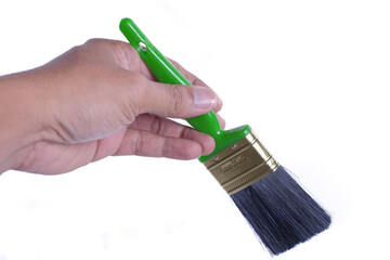 Decorator holding painting bruch, isolated on white background