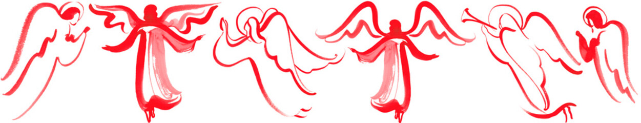Angels border, hand drawn watercolor, isolated figures on white background, red chinese graphics. Abstract angels, abstract religious background