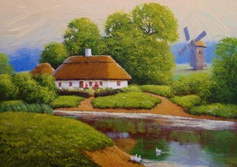 Obraz premium Oil paintings rural landscape with a house, old village. Fine art.